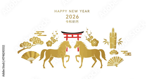Golden Horses Celebrate Happy New Year 2026 with Traditional Japanese Decorations