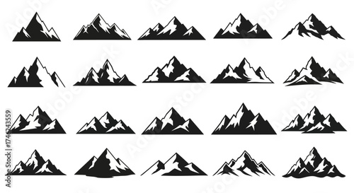 Vector collection of mountain silhouettes, perfect for logos, icons, and graphic design elements, white background