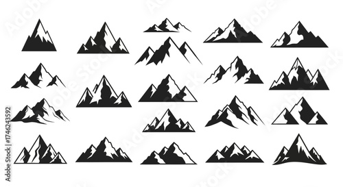 Vector collection of mountain silhouettes, perfect for logos, icons, and graphic design elements, white background
