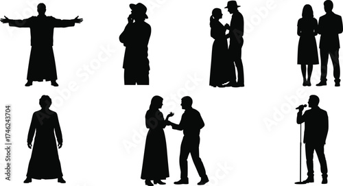 Silhouette people poses, human interaction, couple dancing, conversation, standing figures, microphone singer, fashion style, communication, artistic design, 