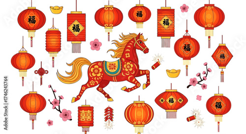 Chinese New Year Decorations Festive Lanterns, Horse, Fireworks, and Blossoms