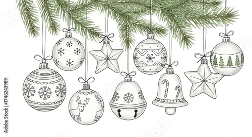Hand-drawn Christmas ornaments hanging with a fir branch, perfect for a festive holiday design, white background
