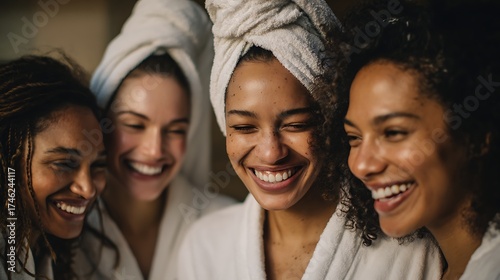 multi-ethnic friends laughing in spa room, towel wrapped, natural light, real skin, diversity,