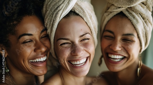 multi-ethnic friends laughing in spa room, towel wrapped, natural light, real skin, diversity,