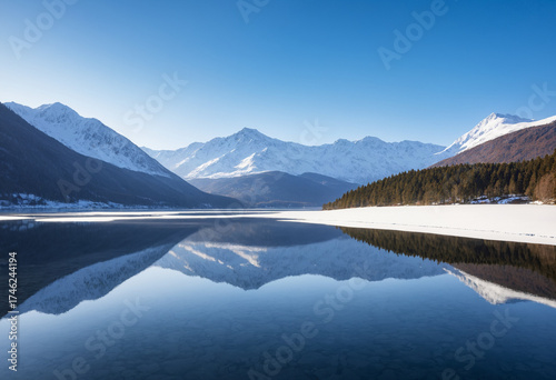 A frozen lake with snow-covered mountains in the background