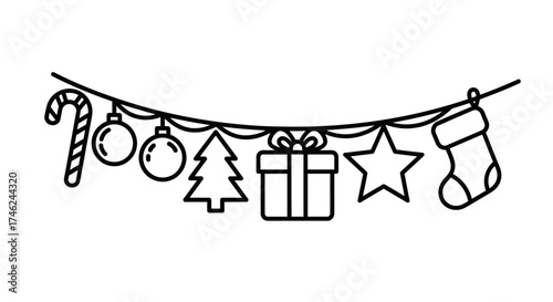 Outline Christmas Garland with Candy Cane, Baubles, Tree, Gift, Star, and Stocking Vector, white background