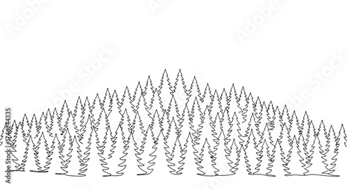 Continuous line drawing of a forest landscape with evergreen trees, white background