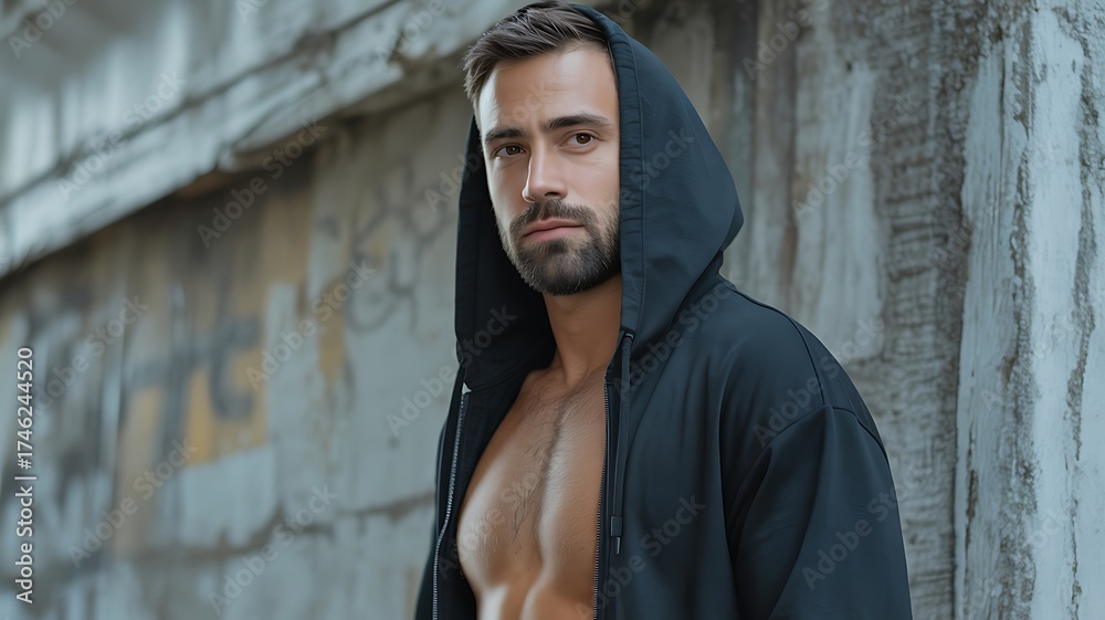 Obraz premium Medium shot of a handsome man in an open black hoodie, exposing his chest. A stylish apparel mockup for streetwear, fitness, and urban fashion.