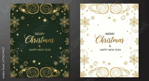 Elegant Christmas and New Year greeting card set with gold festive elements on a dark green background, white background