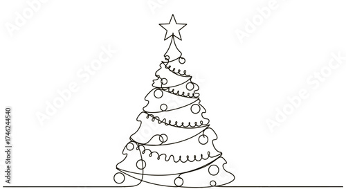 Minimalist continuous line drawing of a decorated Christmas tree with a star, white background