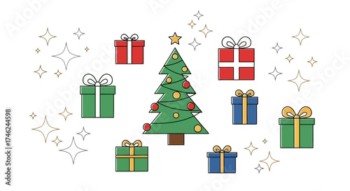 A vector illustration containing Christmas symbols like trees, gifts, and sparkles, white background