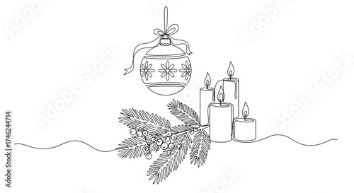 Continuous line drawing of Christmas ornament, fir branch, and candles creating a festive holiday scene, white background