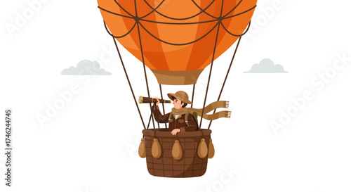 Adventurer's Hot Air Balloon Journey Exploring the Skies with a Spyglass