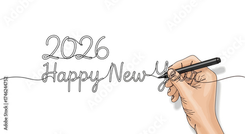 Happy New Year 2026 A Hand Writes Wishes with a Continuous Line Illustration
