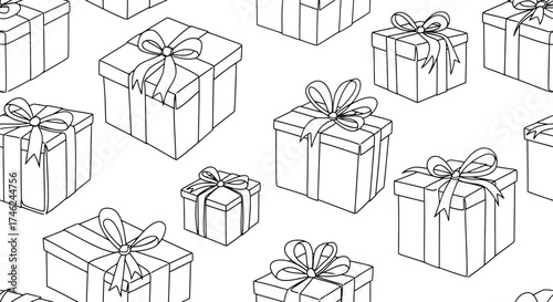 Seamless vector pattern with hand-drawn gift boxes and ribbons in a continuous line style, white background