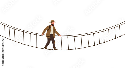 Adventures on a Rope Bridge Man Crossing a Chasm