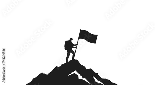 Achieving Goals Silhouette of a Person Planting a Flag on a Mountain Top