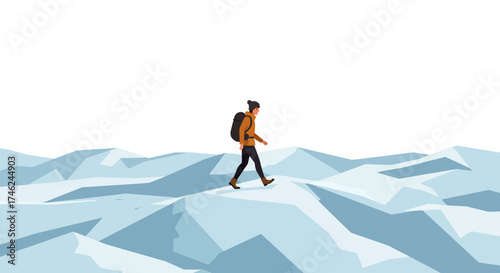 Man Trekking on Snowy Terrain - Vector Illustration of Outdoor Adventure