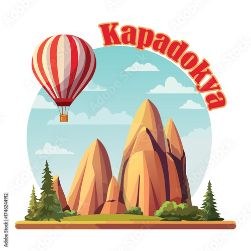 Cappadocia or Kapadokya landscape and hot air balloon in Turkey illustration. Vector element for traveling souvenir, tourism or travel advertisement, scrapbook or vlogs.