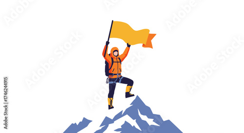 Mountain Climber Reaching Summit with Flag in Victory