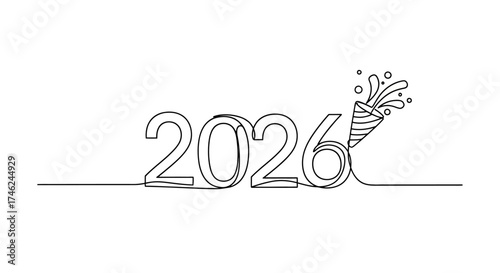 Happy New Year 2026 Celebration Concept Continuous Line Drawing with Confetti