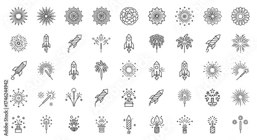 Collection of 78 Firework Line Icons for Celebration, Festival, and Holiday Events, white background