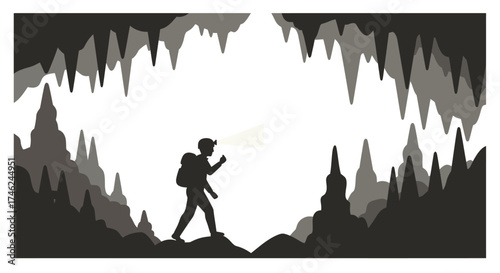 Silhouette of a Hiker Exploring a Mysterious Cave with Stalactites and Stalagmites