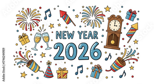 Happy New Year 2026 Greeting Card with Festive Decorations and Fireworks Illustration