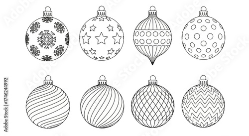 Vector illustration of six outline Christmas ornaments with different patterns, white background