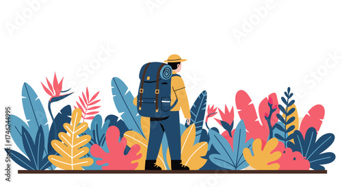 Adventurer's Journey A Hiker Amidst Lush Foliage and Vibrant Tropical Blooms