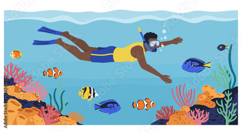 Snorkeler in Coral Reef with Tropical Fish and Clear Blue Water