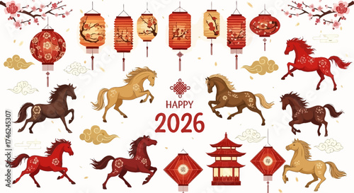 Happy Chinese New Year 2026 Greeting Card with Lanterns and Horses Illustration