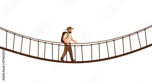 Adventurous Explorer Crossing a Rope Bridge A Journey of Determination and Courage