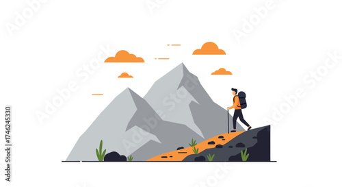 Solo Trek Adventurer Climbing Towards Mountain Peaks Illustration