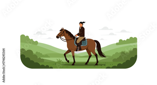 A solitary rider on horseback traverses a verdant countryside, embodying freedom and connection to nature