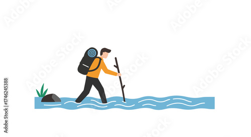 Man Hiking Across River with Backpack and Stick