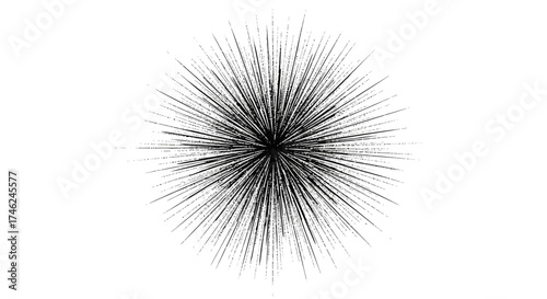 Abstract energetic explosion of fine lines radiating from a central point on a white background, representing dynamism