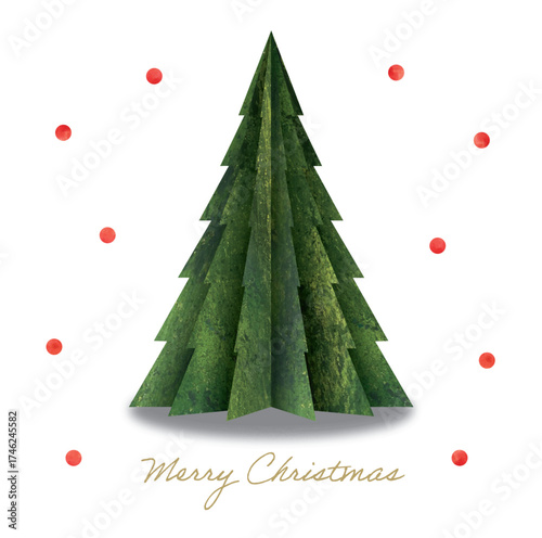 水彩の立体的なペーパークラフトのクリスマスツリー緑