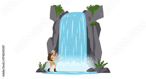 Waterfall Adventure A Cartoon Hiker's Journey to a Picturesque Cascade