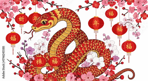 Traditional Chinese New Year snake illustration with vibrant red lanterns and cherry blossoms, symbolizing good fortune and prosperity