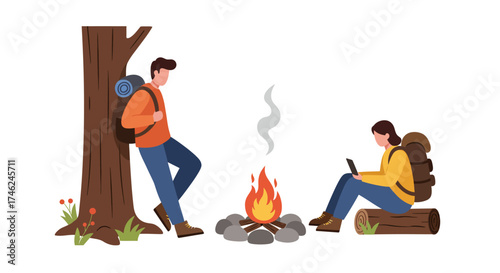 Couple Camping in the Forest with Campfire, Backpacks, and Nature Scenery