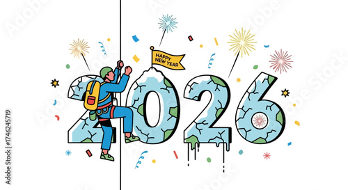 Conceptual illustration of a mountain climber scaling icy numbers, symbolizing the achievement of goals for the Happy New Year 2026