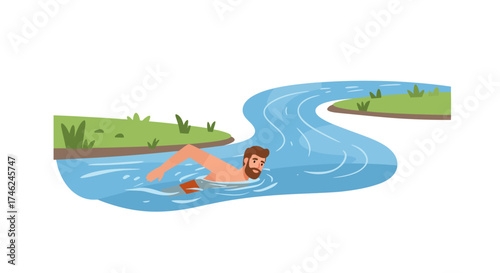 Bearded Man Swimming Freely in a Serene River A Refreshing Outdoor Adventure