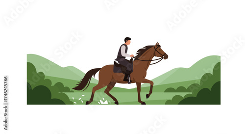 Equestrian Journey A Rider and Horse Galloping Through Verdant Fields in Harmony