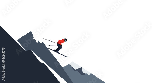 Extreme Skiing Down Mountain Peak Illustration