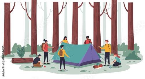 Group Camping Adventure Building a Tent Together in the Woods
