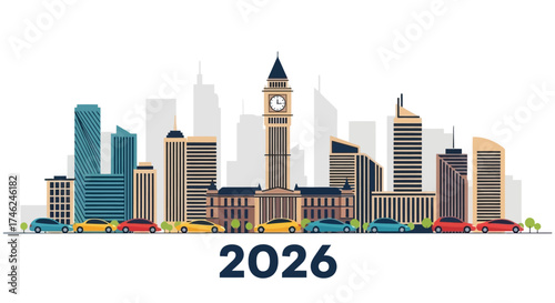 Vector illustration of a modern city with a clock tower, cars on the road, and the year 2026.
