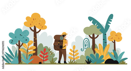 Hiker's Journey Through a Vibrant Forest Landscape A Colorful Adventure Illustration