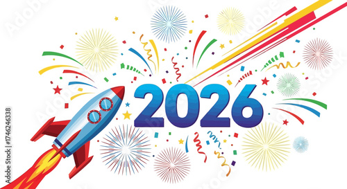 Festive illustration featuring a rocket blasting off with the year 2026, surrounded by fireworks.