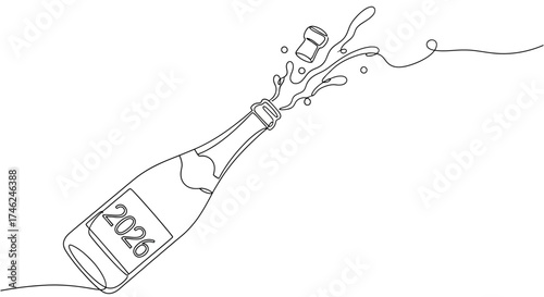 Champagne bottle popping with 2026 label in line art style.